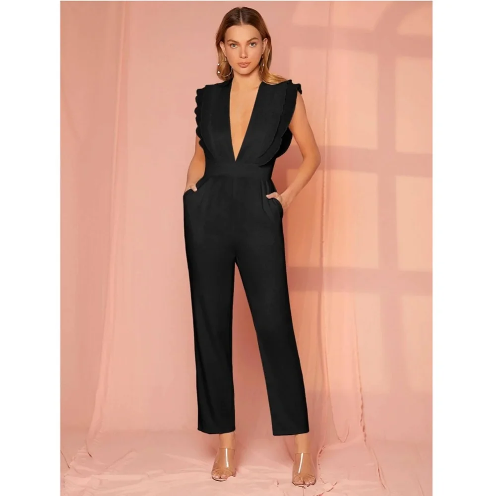 Plunging V Neck Black Jumpsuit Ruffle Detail Sleeveless w/ Pockets - Picture 2 of 8